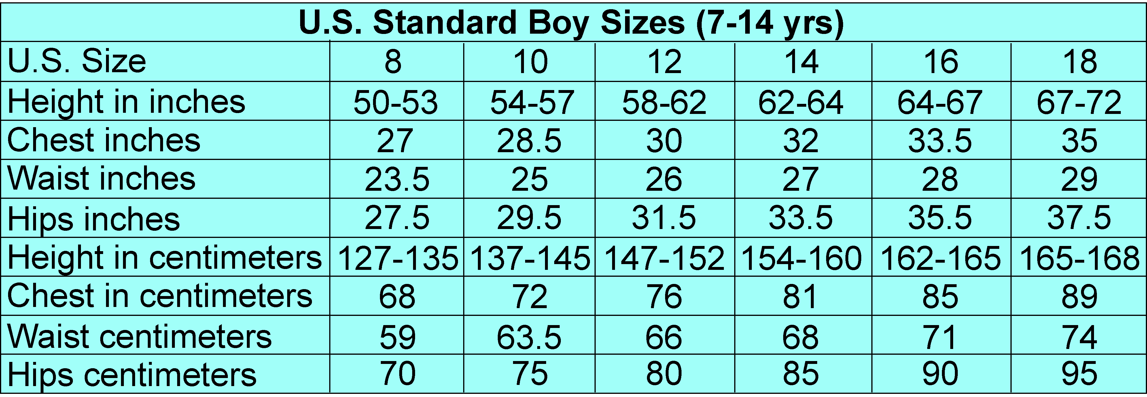 us kids size chart