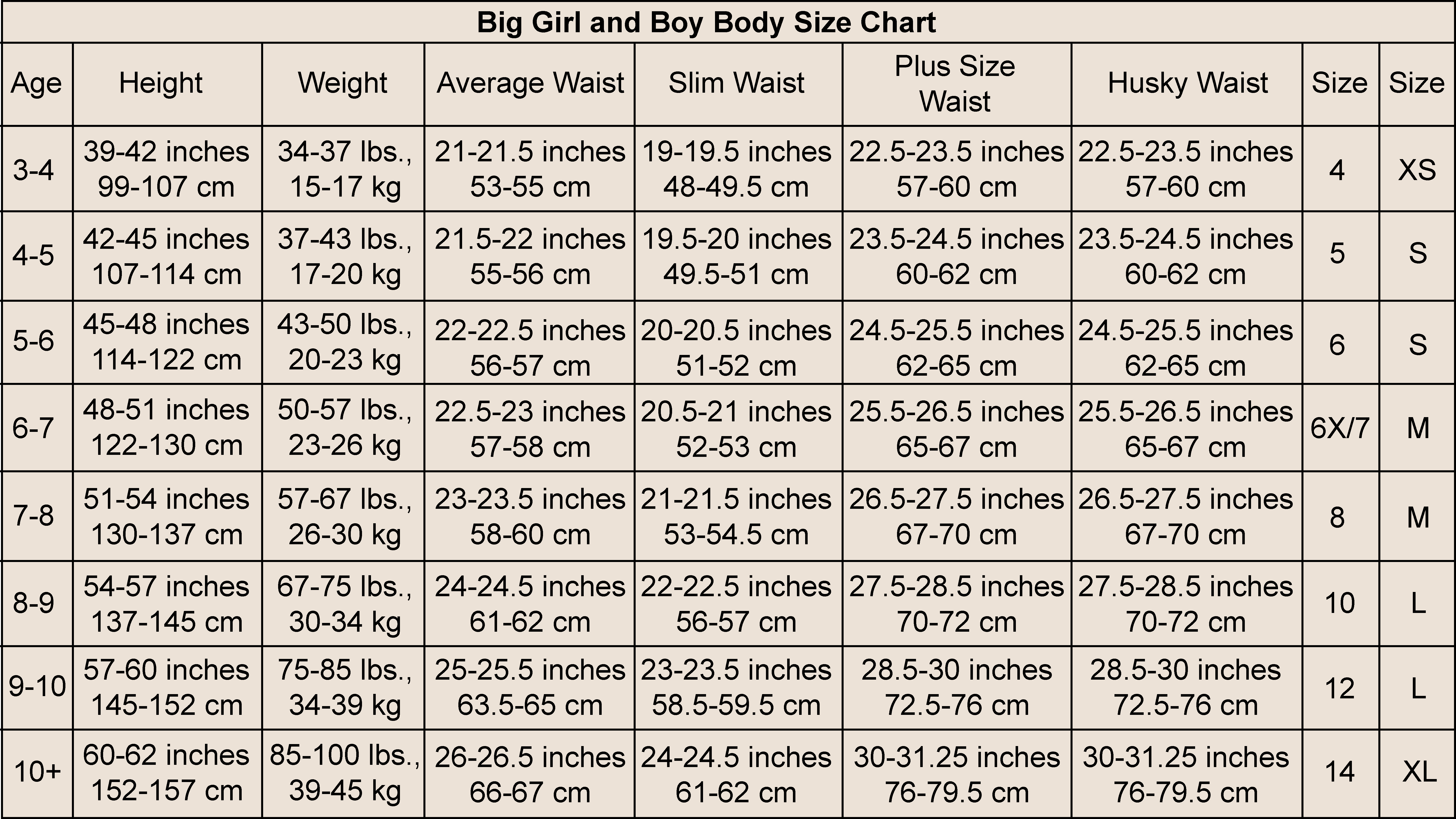 Size chart for big girls and boys