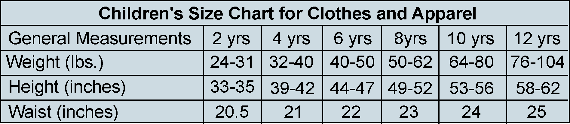Children's Size Chart for Clothes
