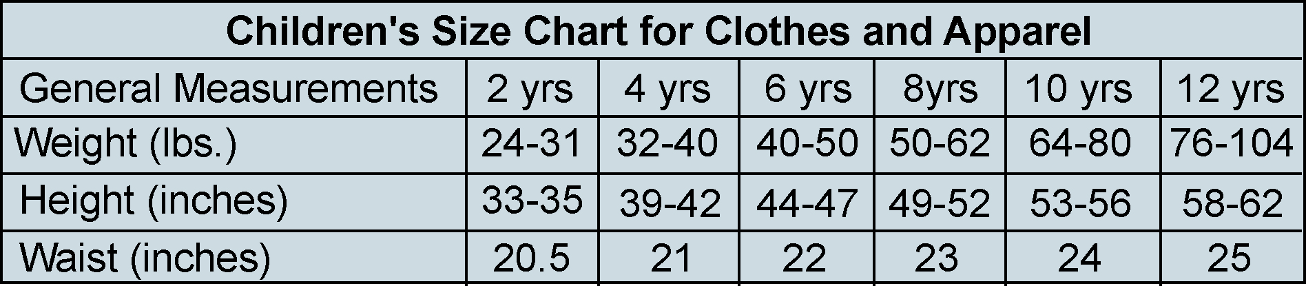 us standard size chart for children's clothing