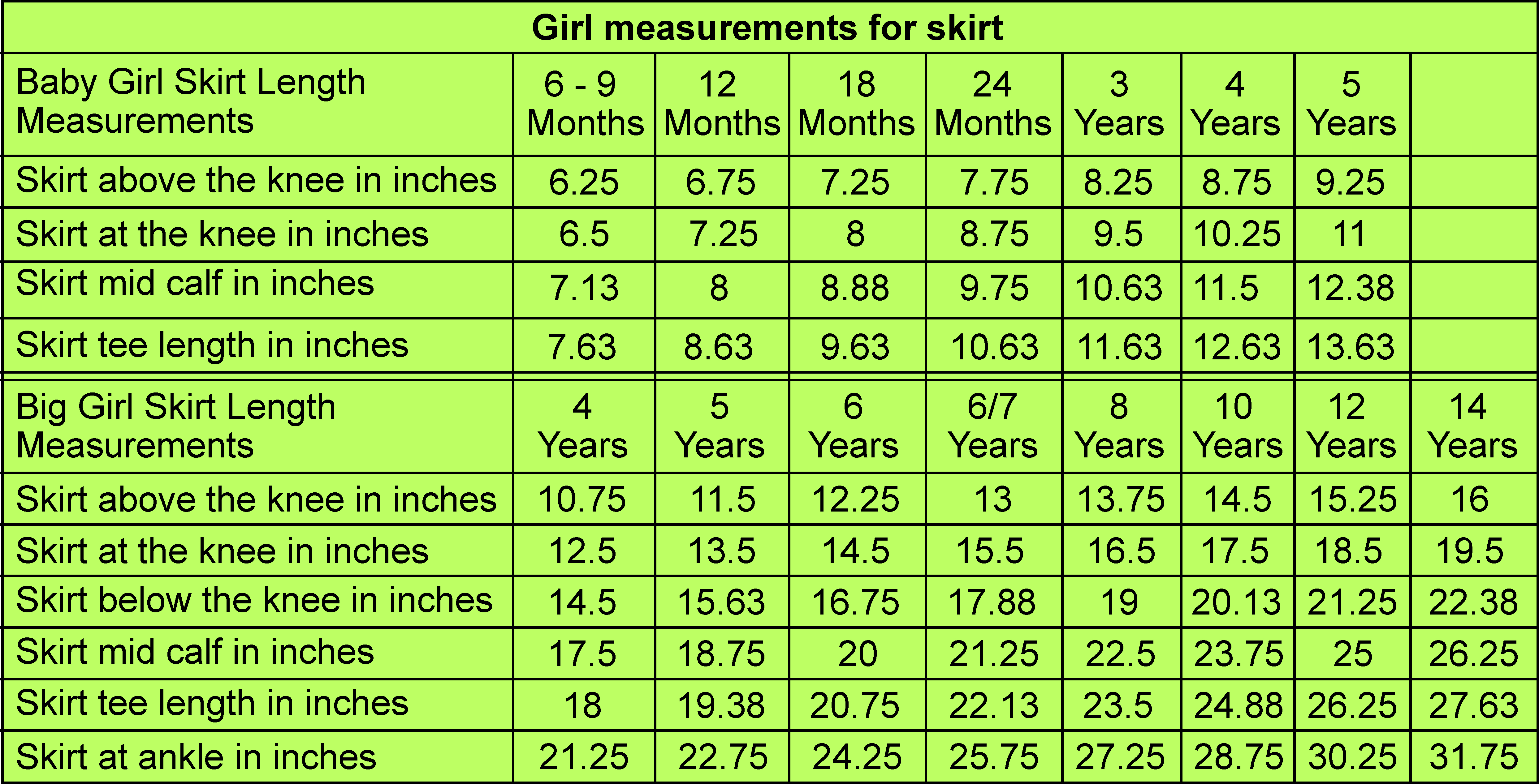 Measurements for girls skirts